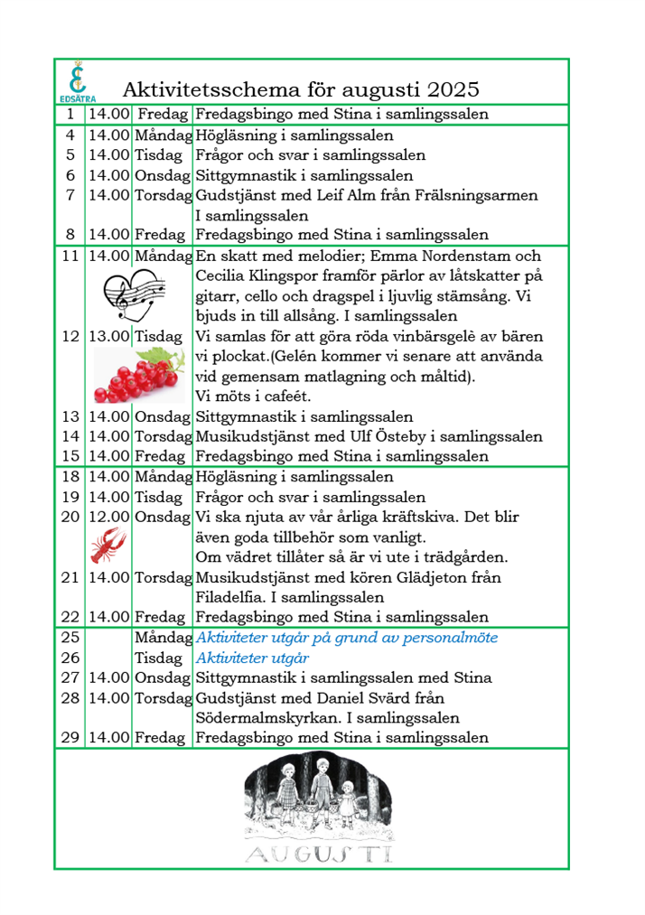Aktivitetsschema augusti 2025 del 1