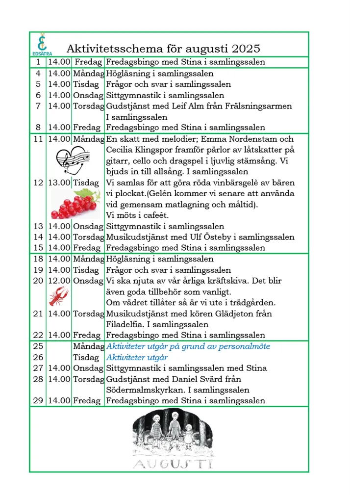Aktivitetsschema augusti 2025 del 1