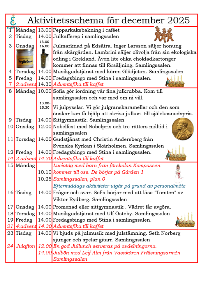 Aktivitetsschema för december 2025 del 1