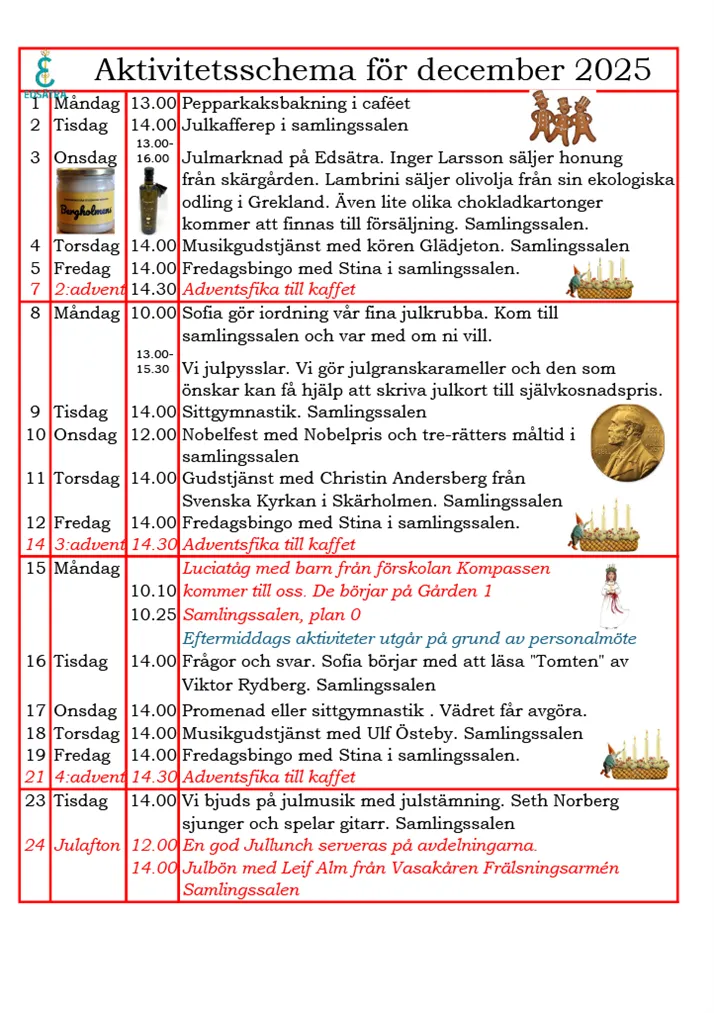 Aktivitetsschema för december 2025 del 1