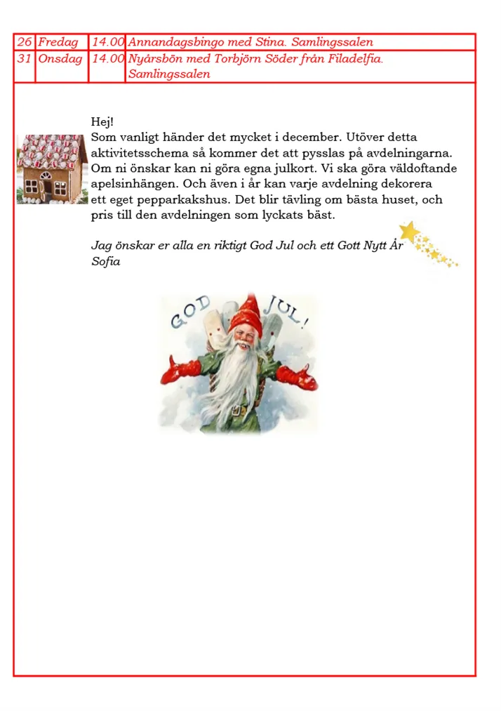 Aktivitetsschema för december 2025 del 2