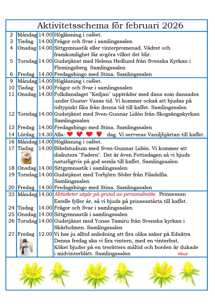 Aktivitetsschema för februari 2026 del 1