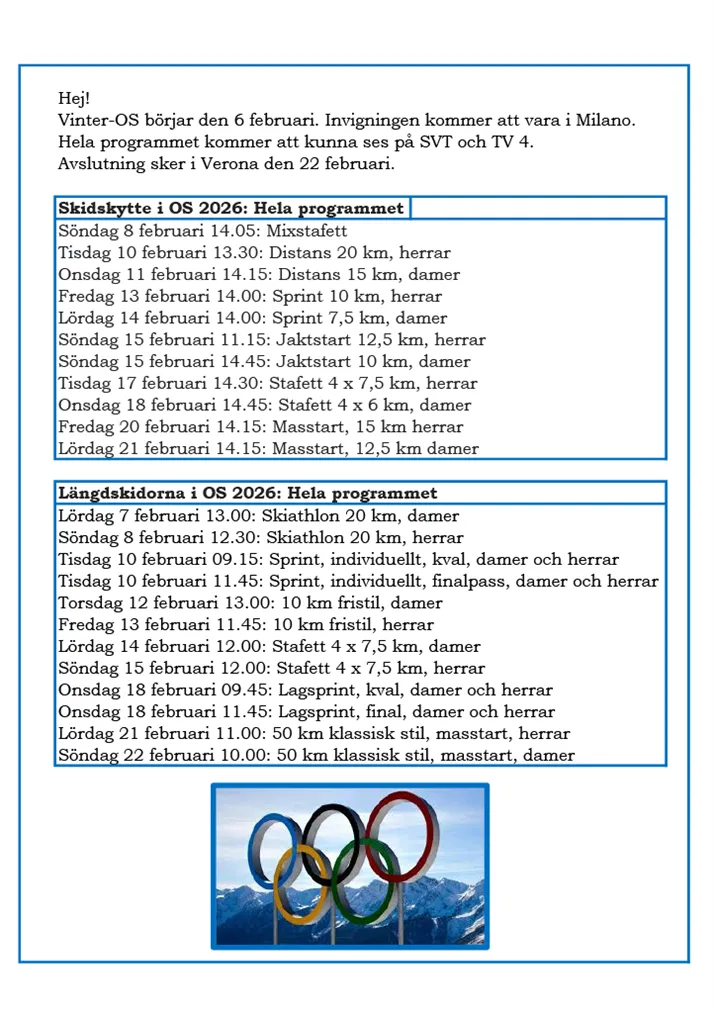 Aktivitetsschema för februari 2026 del 2