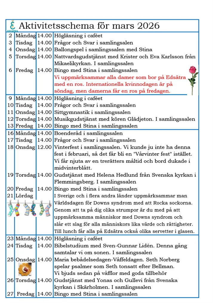 Aktivitetsschema för mars 2026 del 1