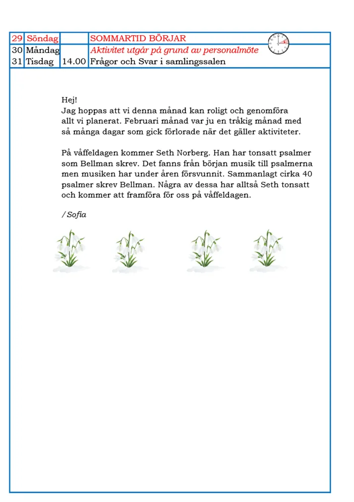 Aktivitetsschema för mars 2026 del 2