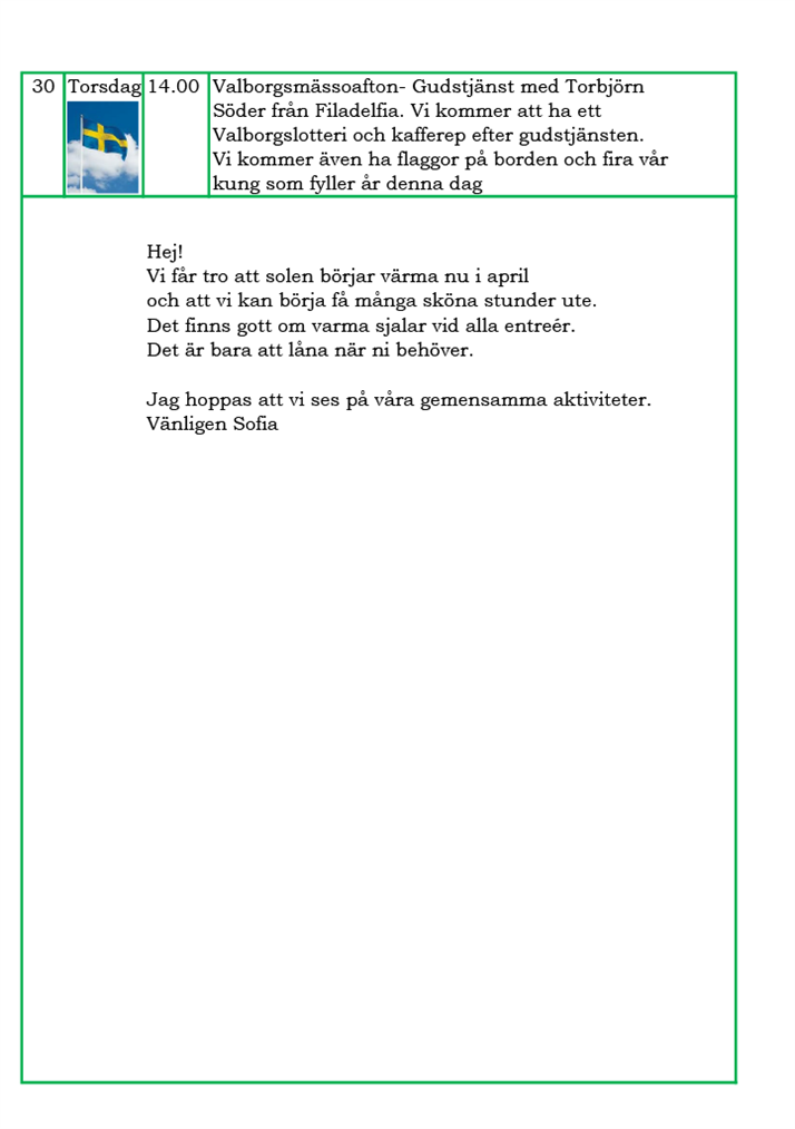 Aktivitetsschema för april 2026 del 2