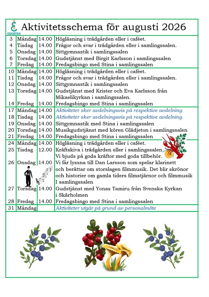 Aktivitetsschema för augusti 2026 del 1