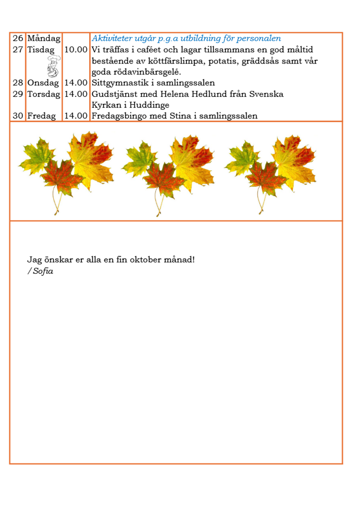 Aktivitetsschema för oktober 2026 del 2