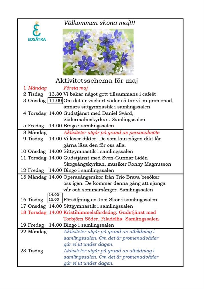Aktivitetsschema maj del 1